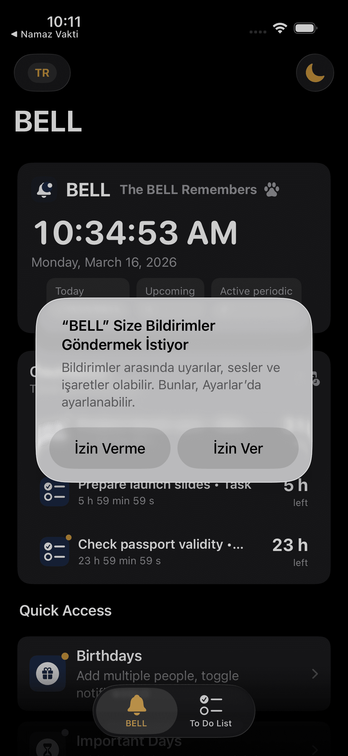 Ana ekran — koyu tema